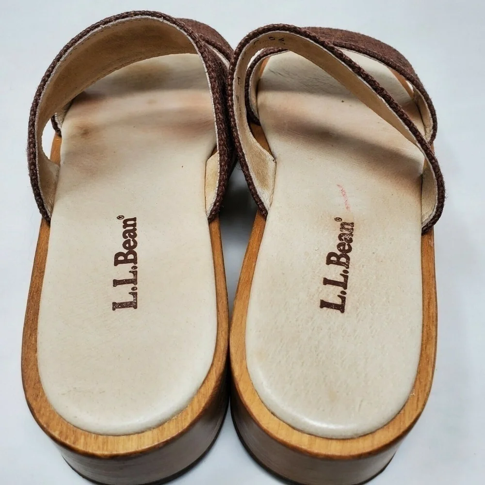 LL BEAN Leather Strappy Slip On Sandal Brown Weave